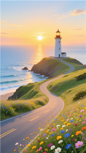 唯美黄昏海滨白色灯塔夕阳图片